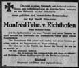 Todesanzeige Manfred von Richthofen