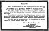 Lothar von Richthofen Todesanzeige Ernst von Hoeppner