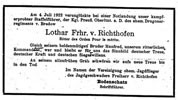 Lothar von Richthofen Todesanzeige